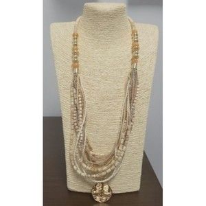 Chicos Necklace Gold Tone Neutral Tuscany Beaded Multi Strand Long Statement NWT
